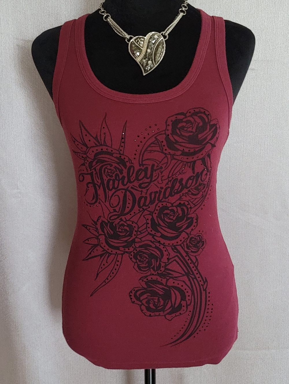 Harley-Davidson Burgundy Tank Top with Black Rose Graphic